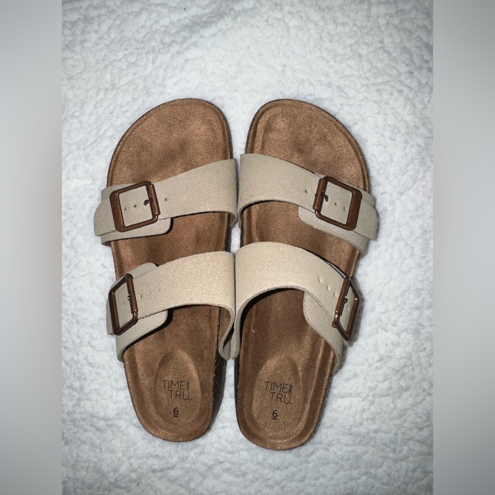 Time and Tru Light Tan Double Strap Sandals